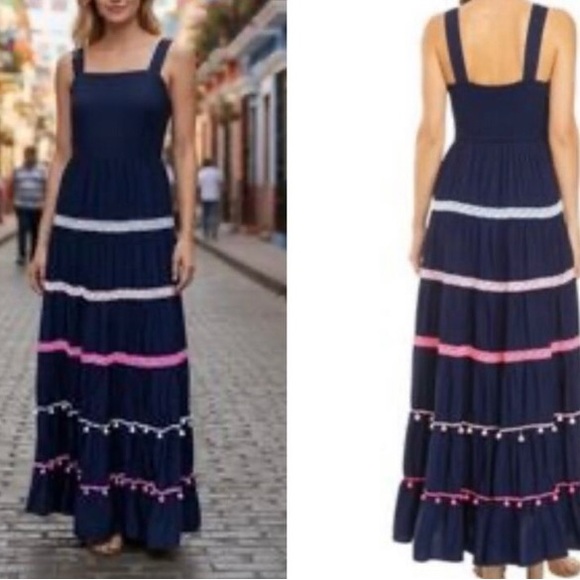 crown & ivy Dresses & Skirts - Crown & Ivy Navy Tiered Maxi Dress with Pink & White Trim with Pom Poms